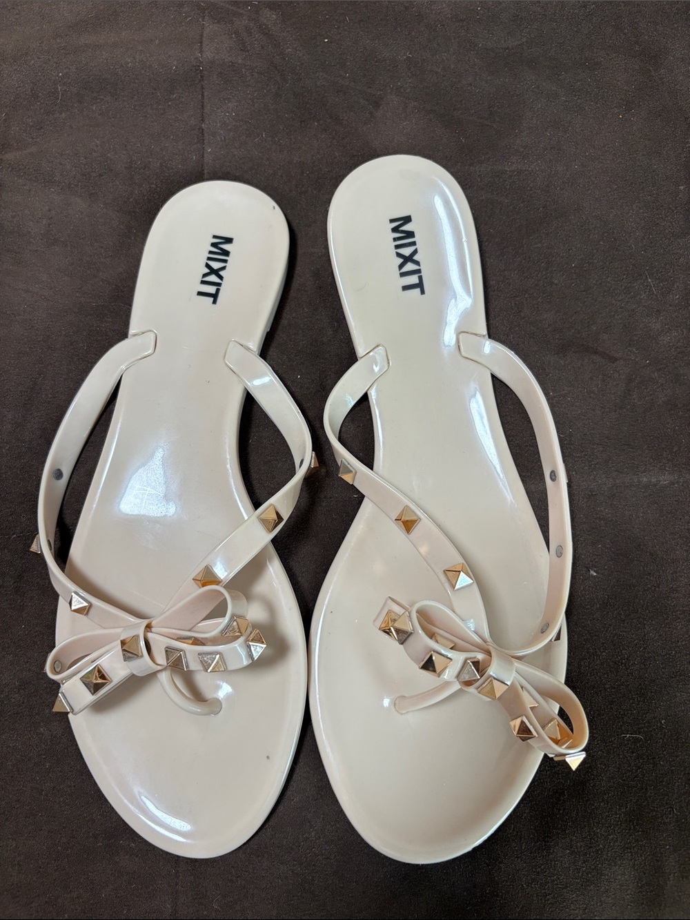 Mixit Cream Bow Jelly Sandals with Gold Studs